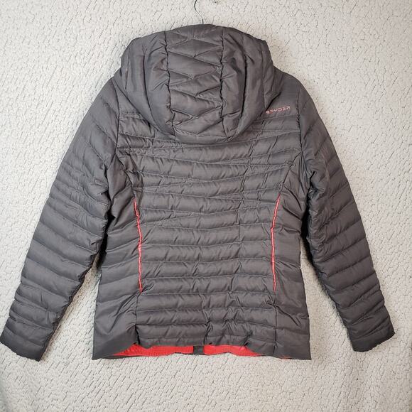 Spyder Down Puffer Jacket Womens M Gray Pink Hooded Zip Winter Ski Luxe 38x26 - Picture 2 of 14